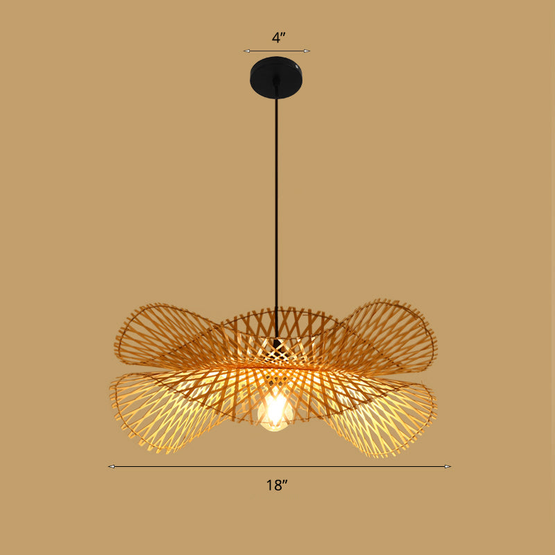 Lotus Leaf Restaurant Ceiling Light Bamboo 1 Bulb Asian Style Hanging Light Fixture in Wood