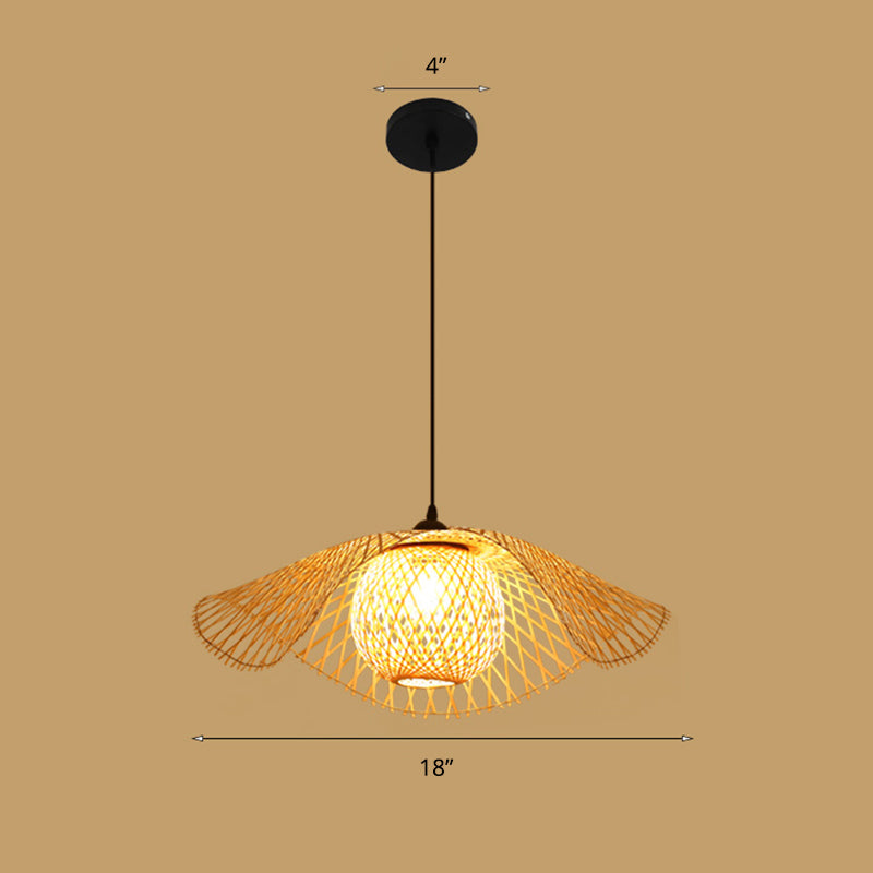 Lotus Leaf Restaurant Ceiling Light Bamboo 1 Bulb Asian Style Hanging Light Fixture in Wood