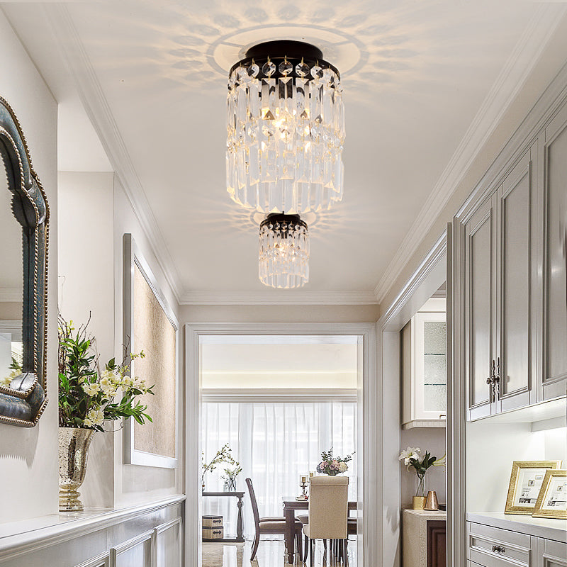 1-Light Corridor Mini Flush Lamp Simple Black/Gold Cylinder Crystal Ceiling Flush Mount