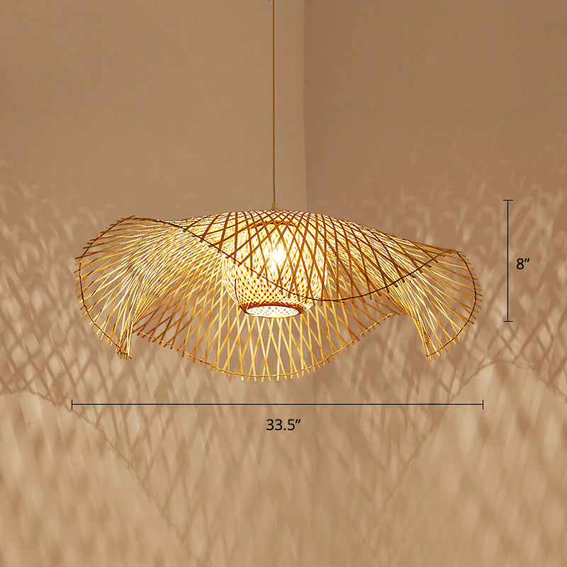 Simplicity Lotus Leaf Suspension Light Bamboo 1-Light Restaurant Pendant Light in Wood