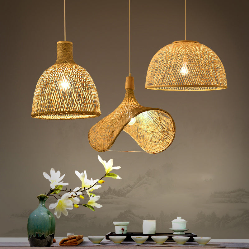 Wood Woven Suspension Lighting Simplicity 1-Light Bamboo Pendant Light for Tea Room