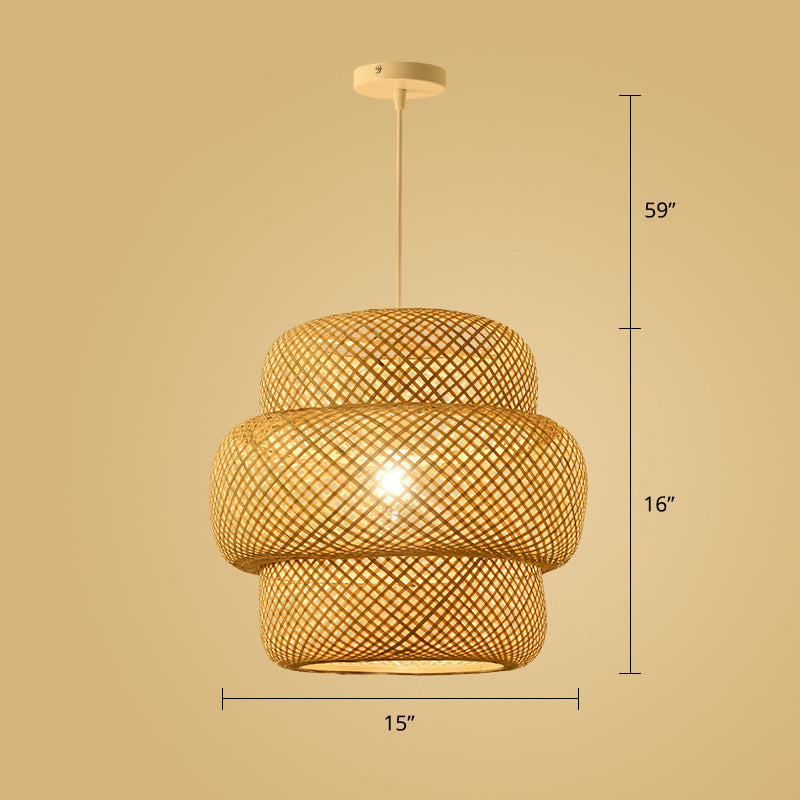Wood Woven Suspension Lighting Simplicity 1-Light Bamboo Pendant Light for Tea Room