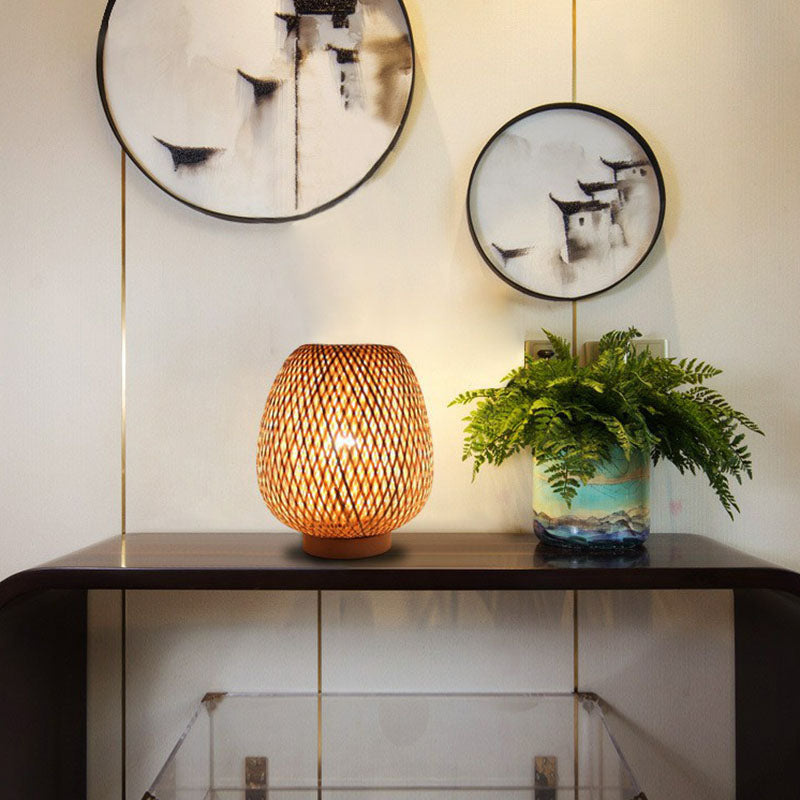 Lantern Nightstand Lamp Contemporary Handwoven Bamboo Single-Bulb Restaurant Table Light in Wood