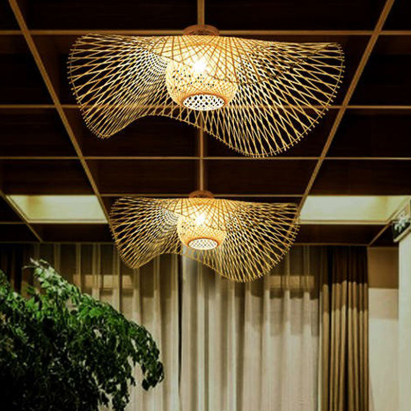 Straw Hat Flush Mount South-east Asia Bamboo Single Wood Flushmount Ceiling Light for Restaurant
