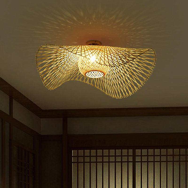 Straw Hat Flush Mount South-east Asia Bamboo Single Wood Flushmount Ceiling Light for Restaurant
