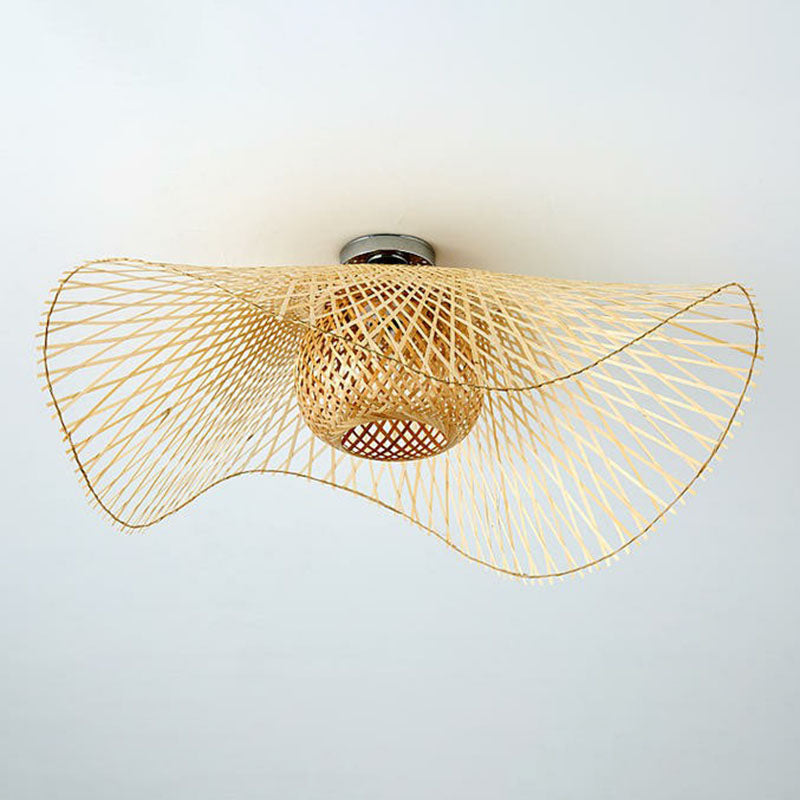 Straw Hat Flush Mount South-east Asia Bamboo Single Wood Flushmount Ceiling Light for Restaurant