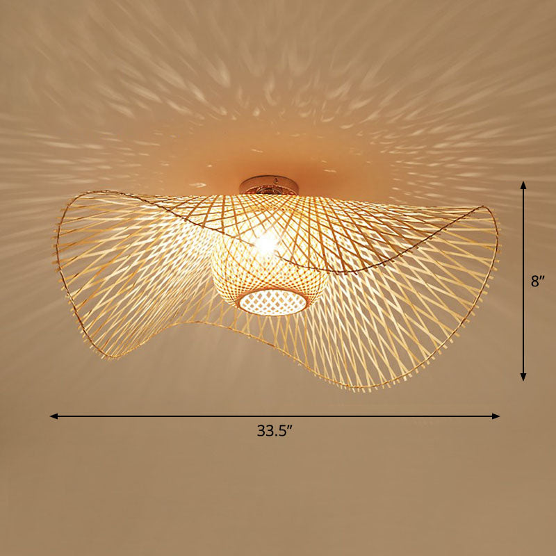 Straw Hat Flush Mount South-east Asia Bamboo Single Wood Flushmount Ceiling Light for Restaurant