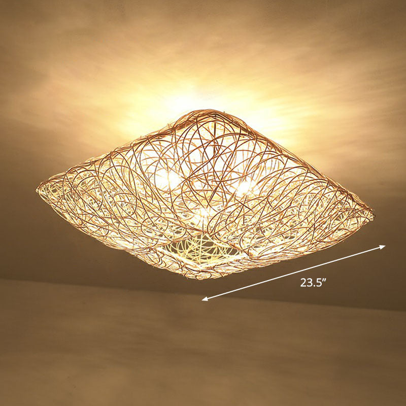Japanese Square Flush Ceiling Light Rattan 3 Heads Bedroom Flush Mount Lighting in Wood