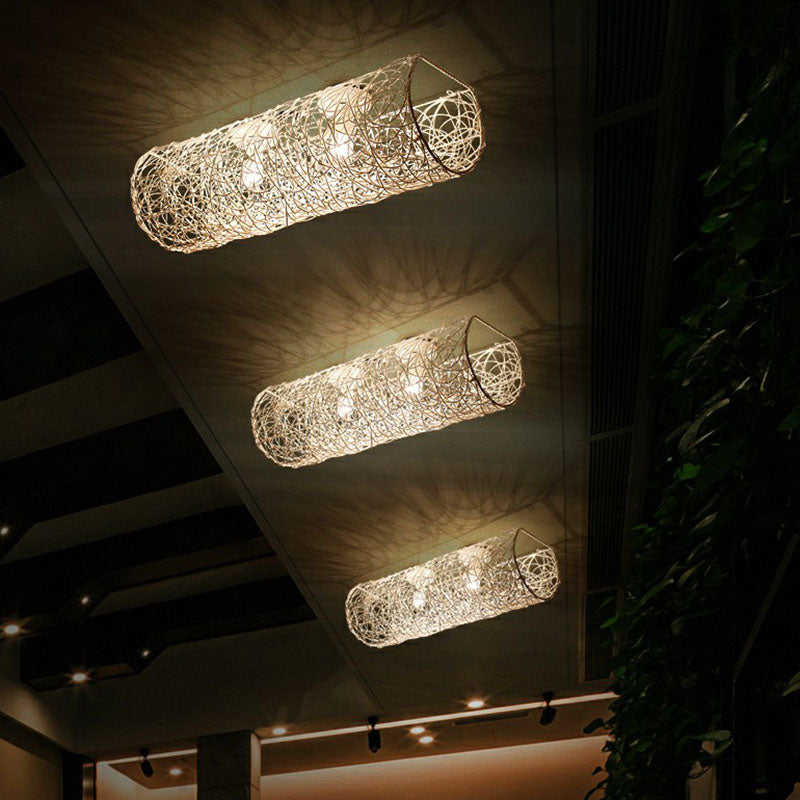 Cylindrique Flush Mount Lighting Simplicité Rattan Restaurant Flush Mount Ceiling Light