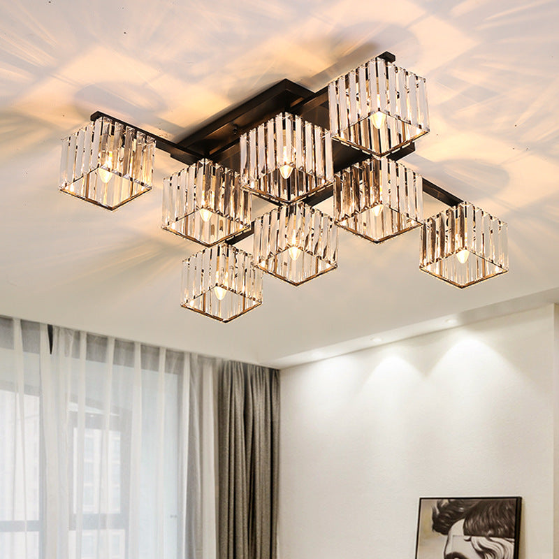 Black/Gold Cubic Living Room Flush Mount Lighting Modernist 4/6/8 Lights Crystal Ceiling Lighting