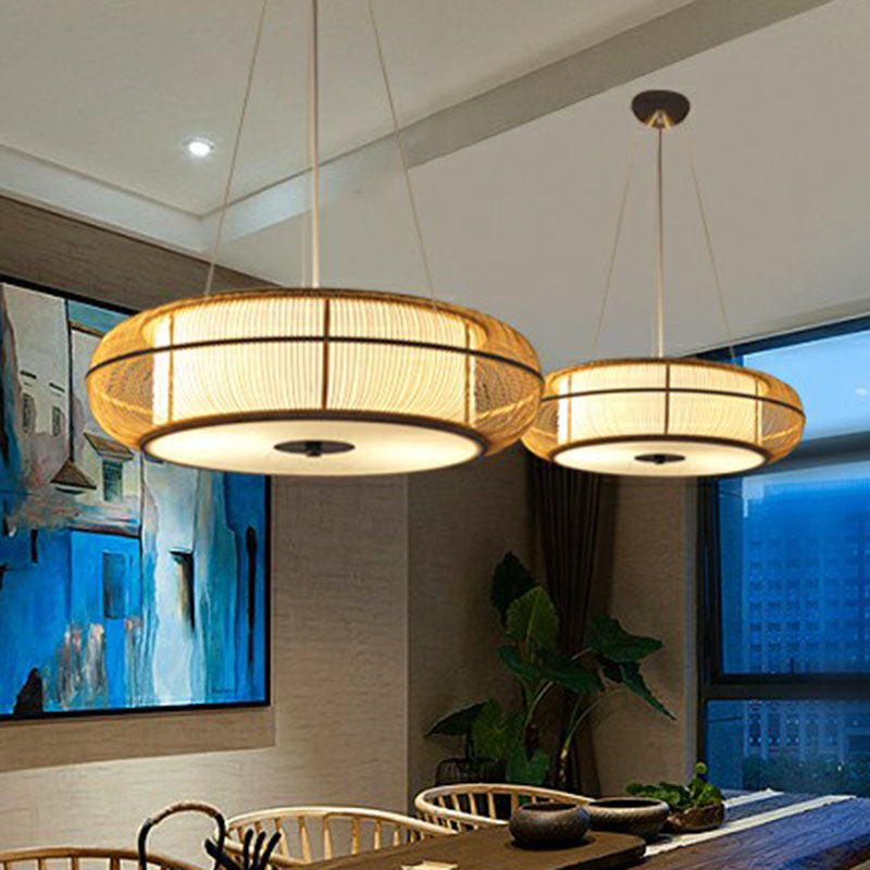 Curved Drum Suspension Light South-east Asian Bamboo Tea Room Chandelier Lighting
