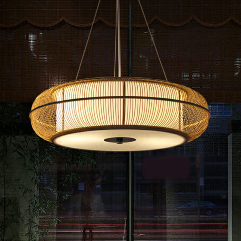 Curved Drum Suspension Light South-east Asian Bamboo Tea Room Chandelier Lighting