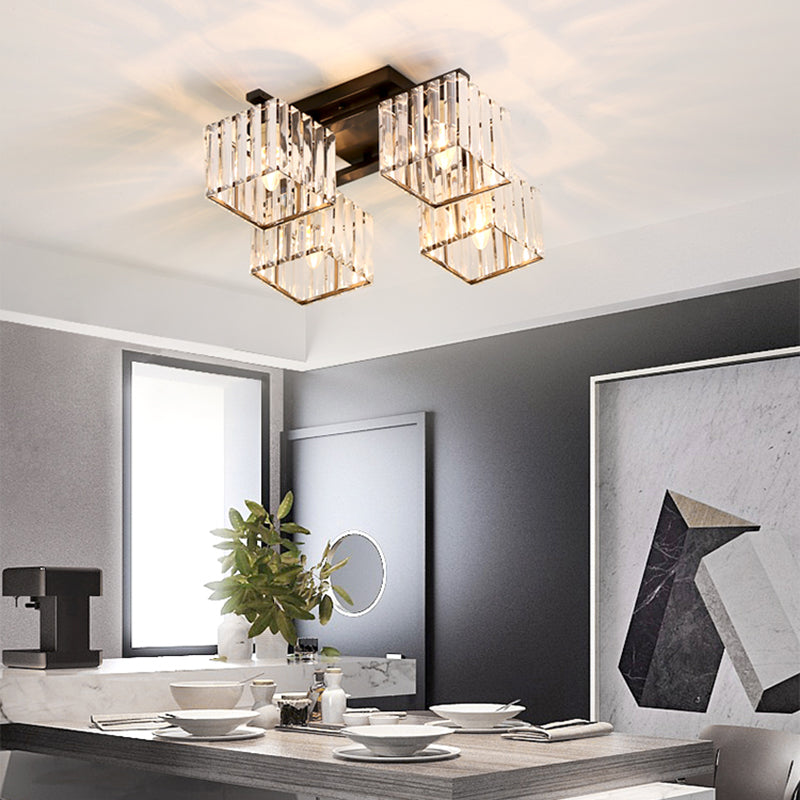 Black/Gold Cubic Living Room Flush Mount Lighting Modernist 4/6/8 Lights Crystal Ceiling Lighting