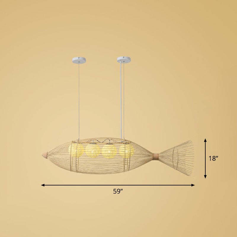 Contemporary Fish Chandelier Pendant Light Bamboo Tea Room Hanging Lighting in Wood