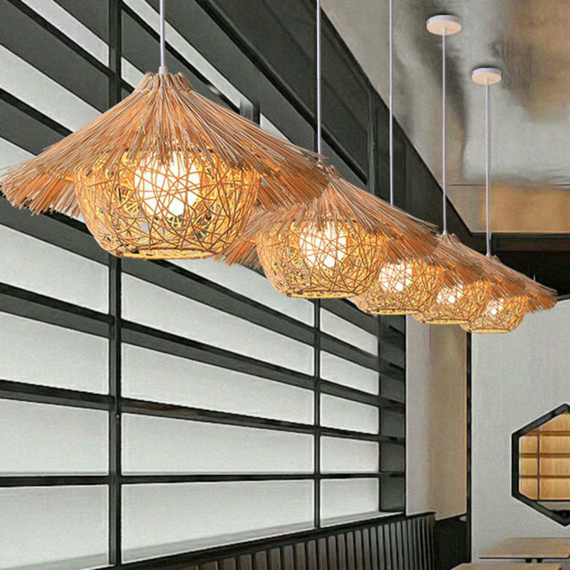 Weaving Bamboo Suspension Light Simplicity 1-Light Wood Pendant Light Fixture for Restaurant