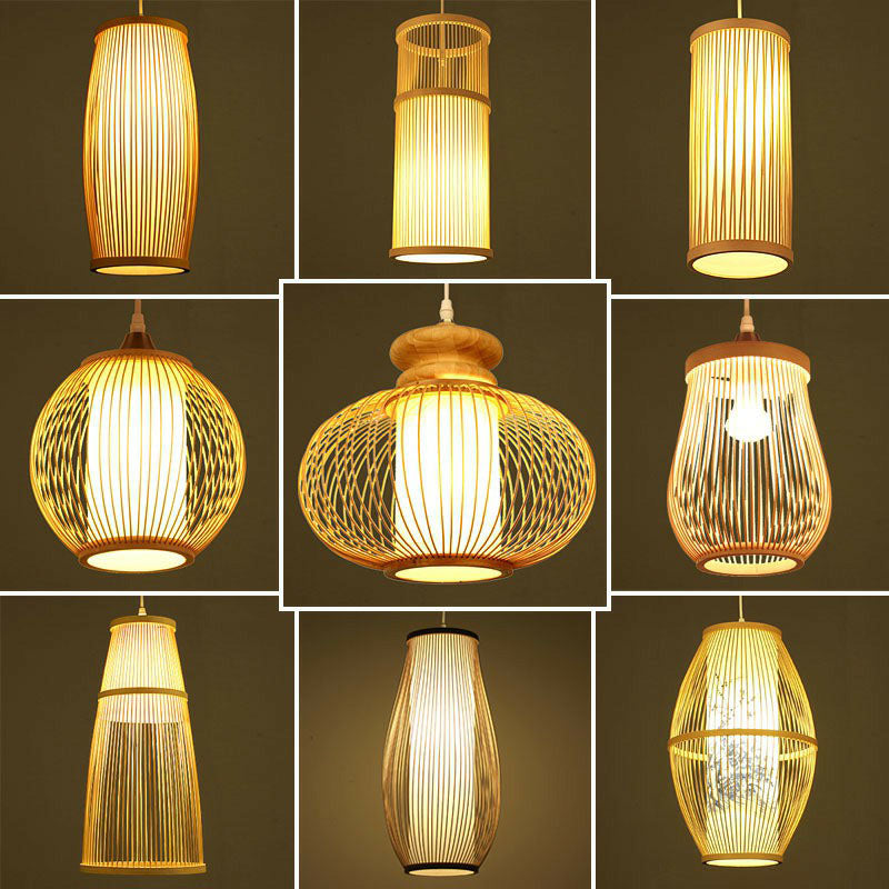 Handcrafted Ceiling Light Chinese Style Bamboo Single Restaurant Hanging Pendant Light in Wood