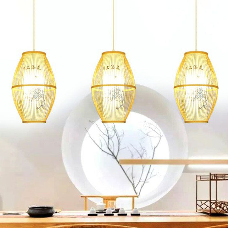 Handcrafted Ceiling Light Chinese Style Bamboo Single Restaurant Hanging Pendant Light in Wood