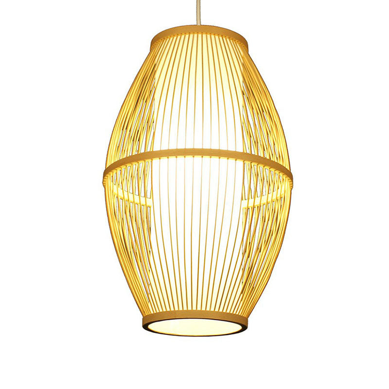 Handcrafted Ceiling Light Chinese Style Bamboo Single Restaurant Hanging Pendant Light in Wood