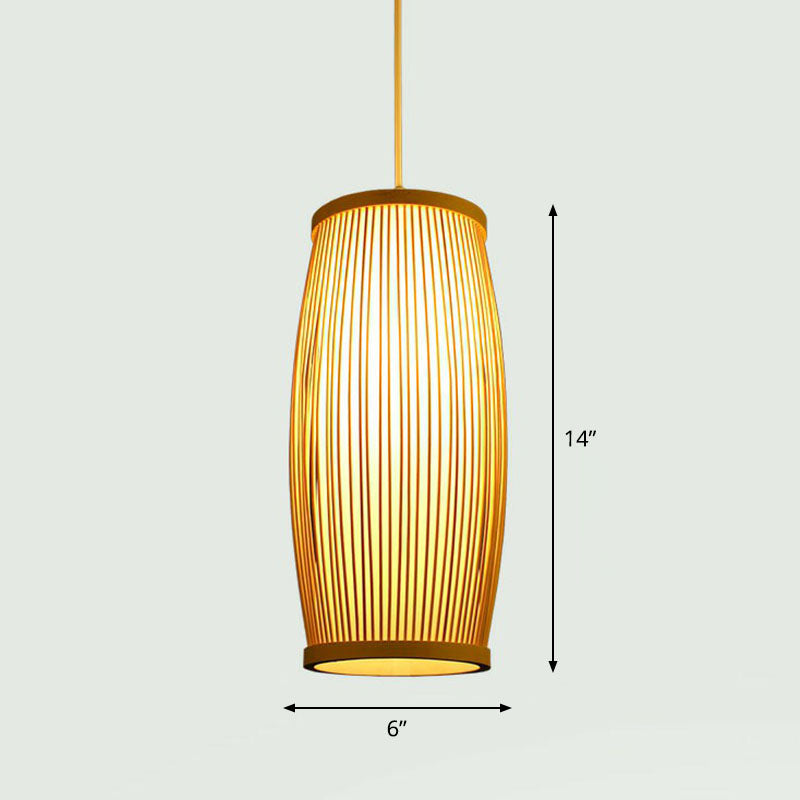 Handcrafted Ceiling Light Chinese Style Bamboo Single Restaurant Hanging Pendant Light in Wood