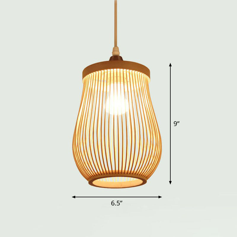 Handcrafted Ceiling Light Chinese Style Bamboo Single Restaurant Hanging Pendant Light in Wood