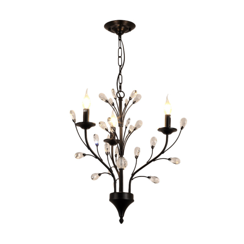 3/6/9 Luces Lámpara de araña de comedor Moderna luz colgante de hierro floral negro con drapeado de cristal