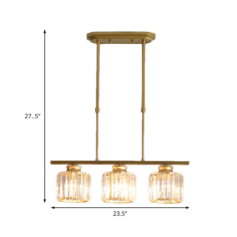 3/4 Lights Dining Room Drum Shaped Ceiling Pendant Modernist Crystal Shaded Hanging Lamp over Island in Brass