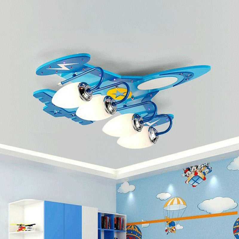 Aircraft Flush Ceiling Light Cartoon Wood Bedroom LED Flush Mount Lighting Fixture in Blue