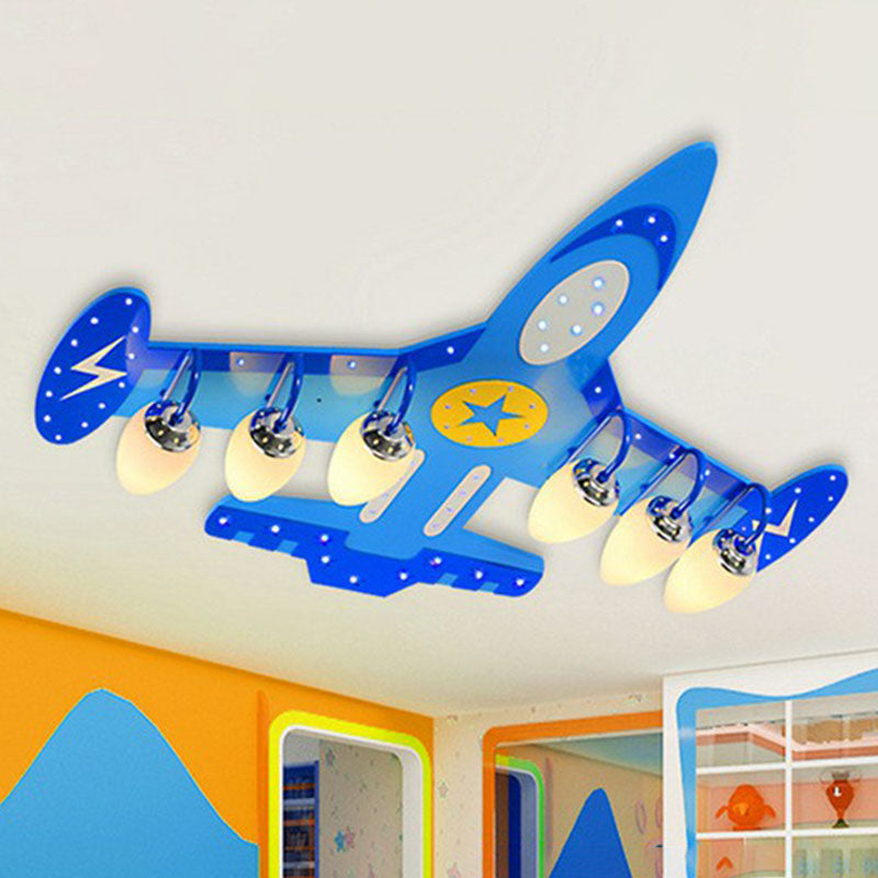 Aircraft Flush Ceiling Light Cartoon Wood Bedroom LED Flush Mount Lighting Fixture in Blue
