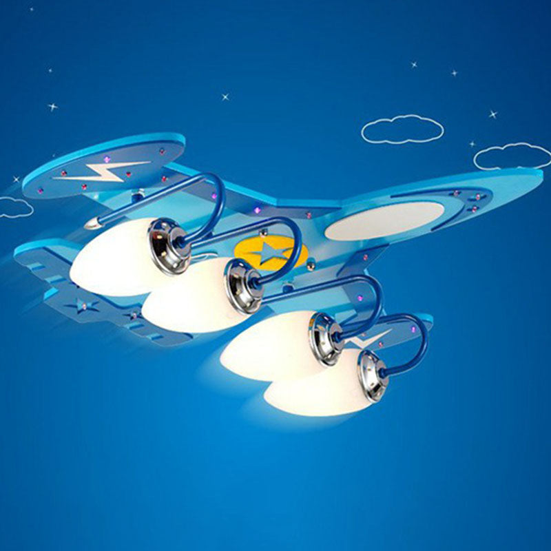 Aircraft Flush Ceiling Light Cartoon Wood Bedroom LED Flush Mount Lighting Fixture in Blue