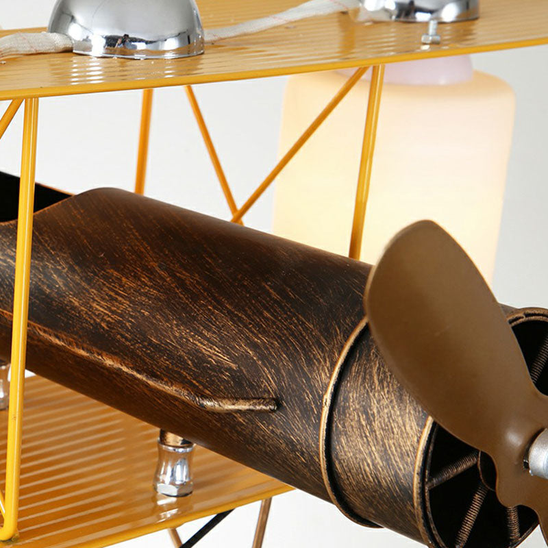 Aircraft Chandelier Pendant Light Cartoon Metallic Yellow LED Ceiling Light with Cylinder Frosted Glass Shade