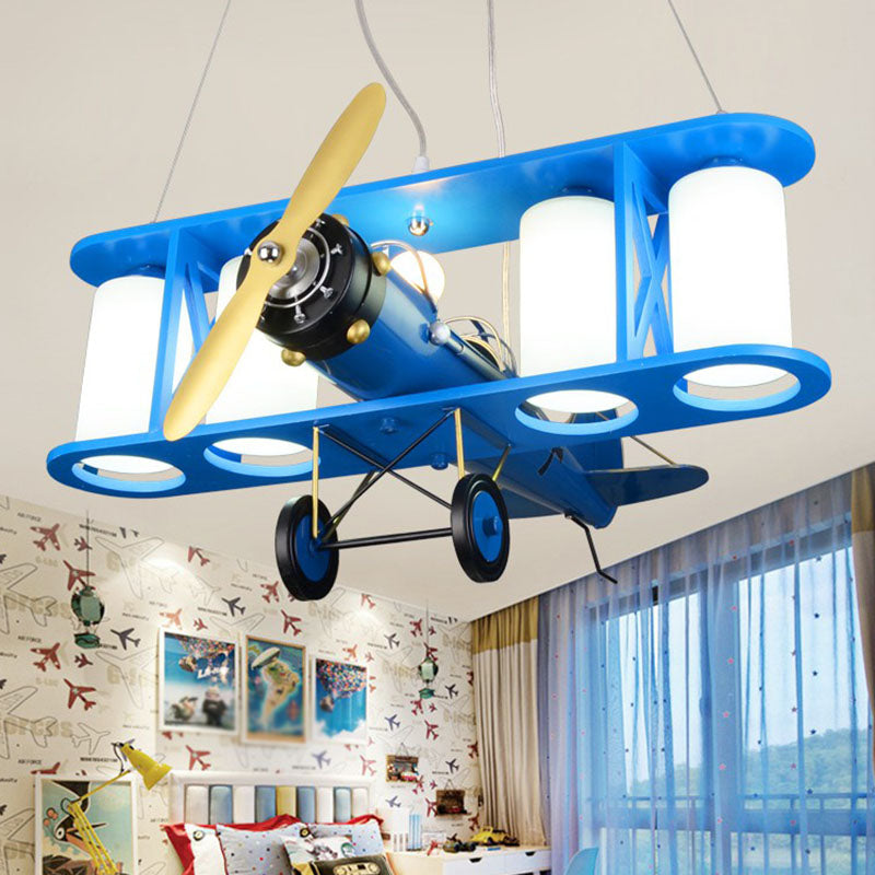 Kids Style Plane Chandelier Lamp Metallic Nursery LED Hanging Light with Opal Glass Shade