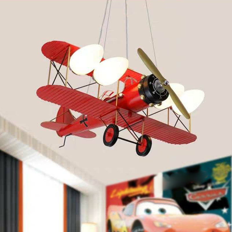 Kids Style Plane Chandelier Lamp Metallic Nursery LED Hanging Light with Opal Glass Shade