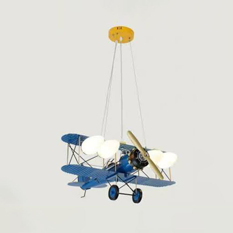 Kids Style Plane Chandelier Lamp Metallic Nursery LED Hanging Light with Opal Glass Shade