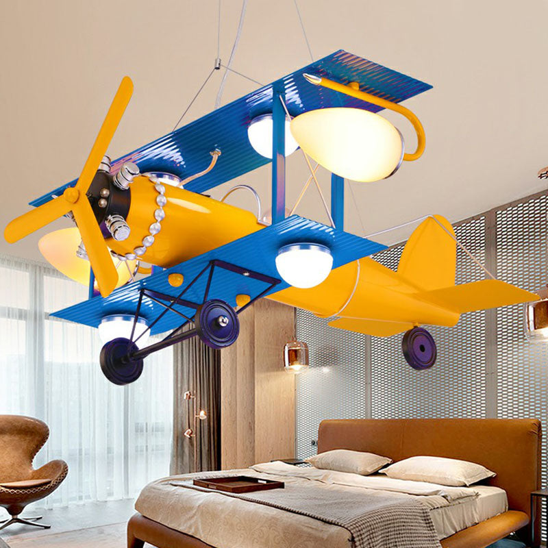 Jet Plane LED Ceiling Lighting Childrens Metallic Nursery Chandelier Light with Cream Glass Shade in Yellow