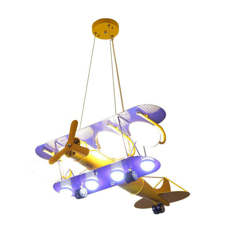 Metallic Jet Plane Chandelier Lamp Cartoon Yellow LED Hanging Light for Kindergarten