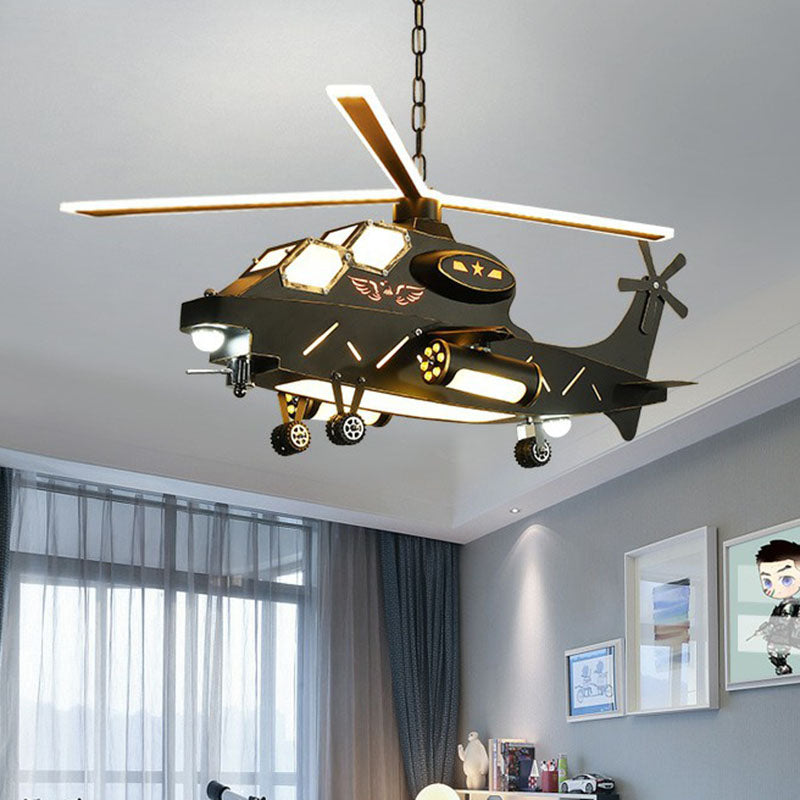 Black Helicopter LED Ceiling Lighting Childrens Metallic Chandelier Light Fixture for Bedroom