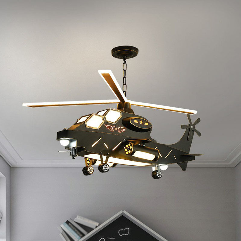Black Helicopter LED Ceiling Lighting Childrens Metallic Chandelier Light Fixture for Bedroom