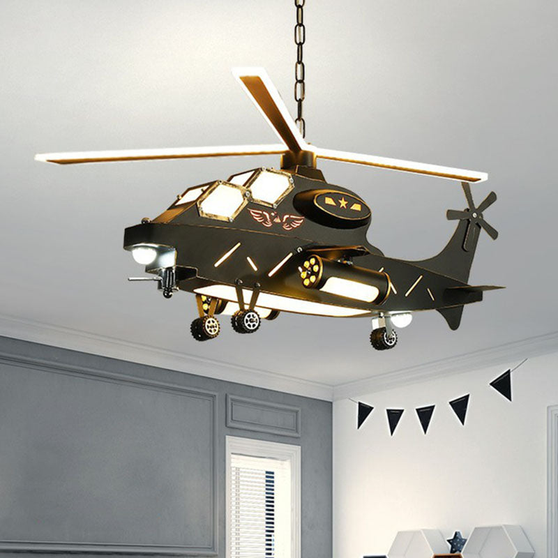 Black Helicopter LED Ceiling Lighting Childrens Metallic Chandelier Light Fixture for Bedroom