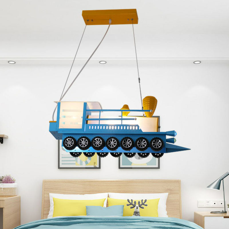Metallic Train Shape Chandelier Lamp Contemporary Blue LED Hanging Light for Nursery