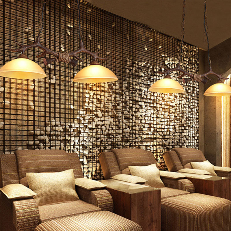 Verre Beige Dark Coffee Pendant Light Dome 2 Heads Restaurant Hanging Island Light With Antler Decor