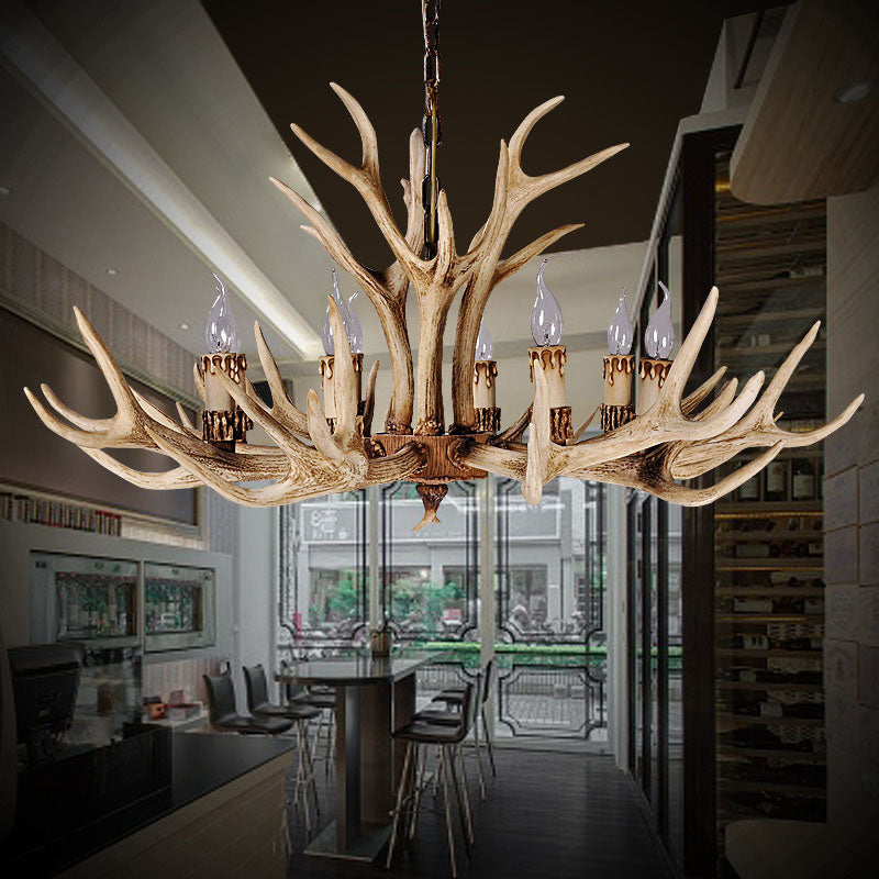 Deer Horn Resin Chandelier Pendant Light Vintage Style Dining Room Hanging Lighting
