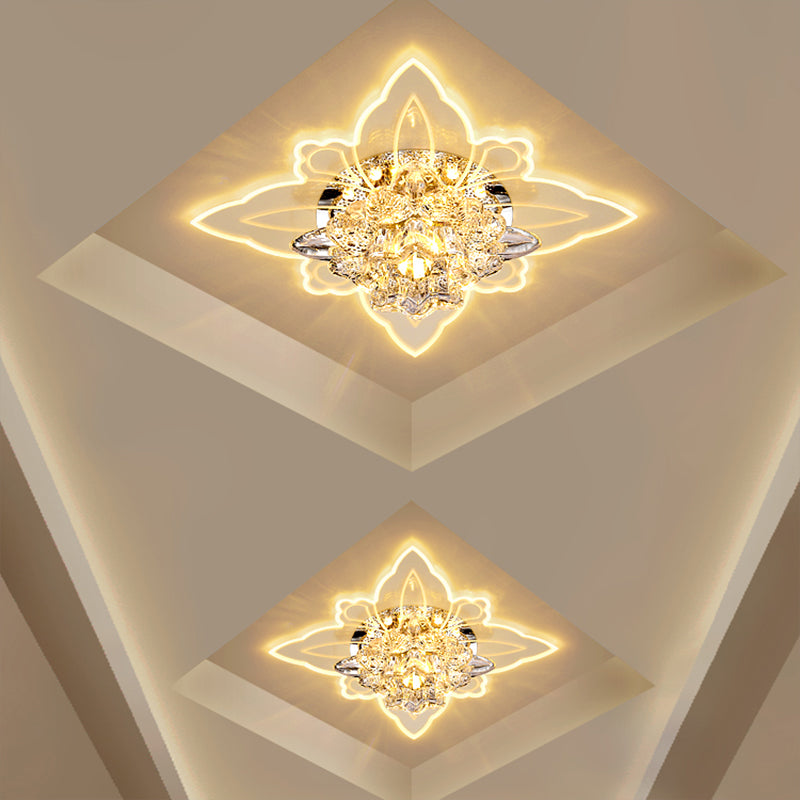Crystal Flower LED Flush Mount Modern Clear Flushmount Ceiling Light in Warm Light for Hallway