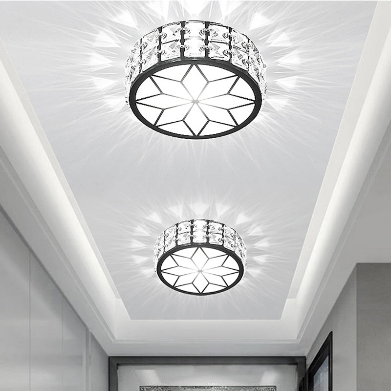 Beveled Crystal Drum Flush Mount Lighting Minimalist Black LED Flush Mount in White Light