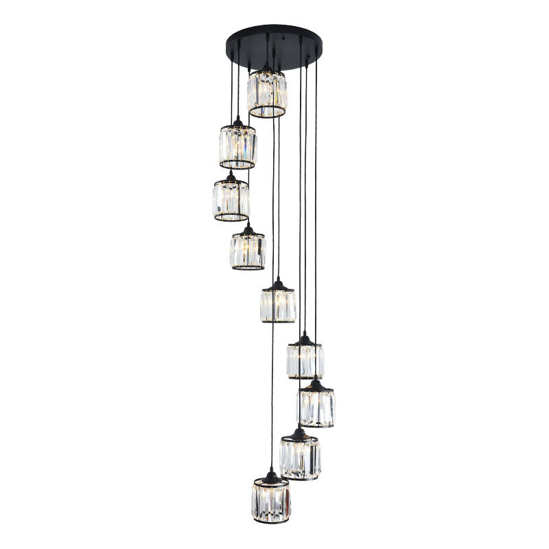 Modern Drum Multi Light Pendant Tri-Prism Crystal Staircase Hanging Lighting in Black