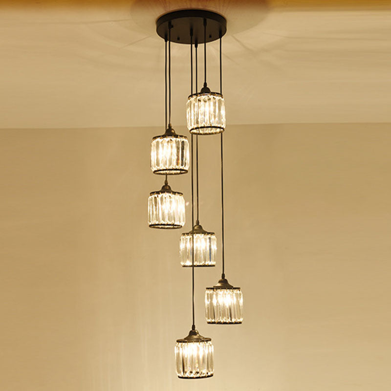 Modern Drum Multi Light Pendant Tri-Prism Crystal Staircase Hanging Lighting in Black