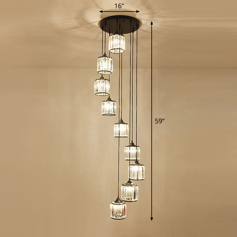 Modern Drum Multi Light Pendant Tri-Prism Crystal Staircase Hanging Lighting in Black