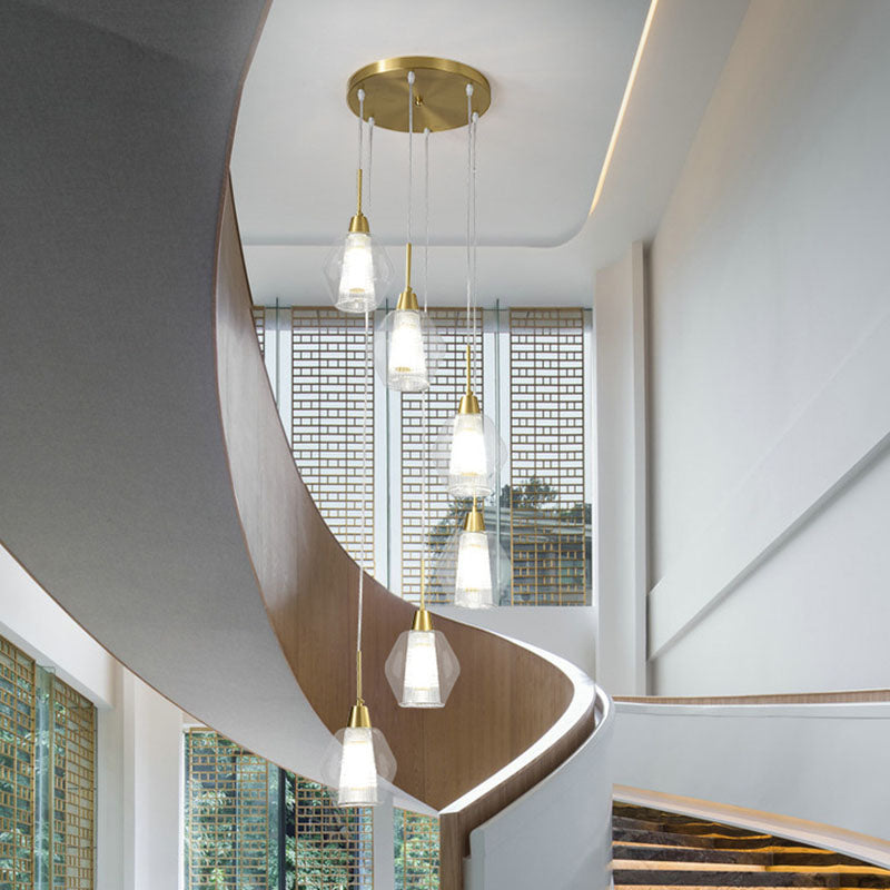 Duidelijke met de hand geblazen glazen gearceerde multi -plafondlamp Noordse stijl gouden suspensieverlichting voor trap