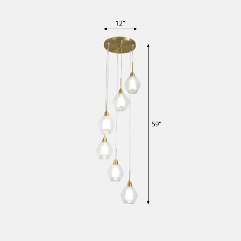 Duidelijke met de hand geblazen glazen gearceerde multi -plafondlamp Noordse stijl gouden suspensieverlichting voor trap