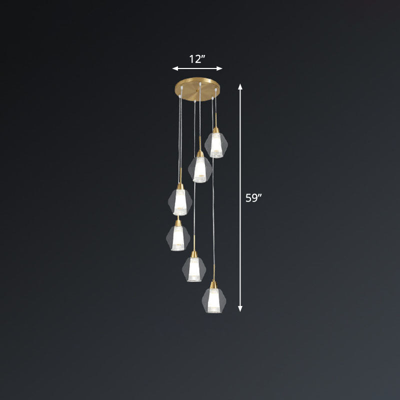 Duidelijke met de hand geblazen glazen gearceerde multi -plafondlamp Noordse stijl gouden suspensieverlichting voor trap