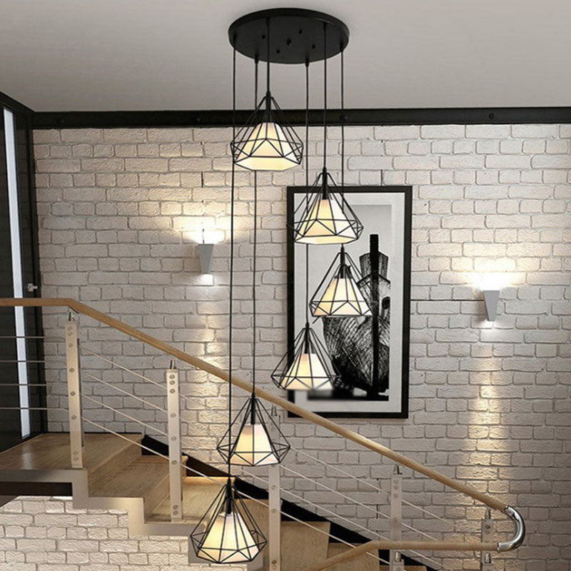 Spiral Diamond Cage Metallic Suspension Light Minimalist 6 Bulbs Black Multi Light Pendant for Stairwell